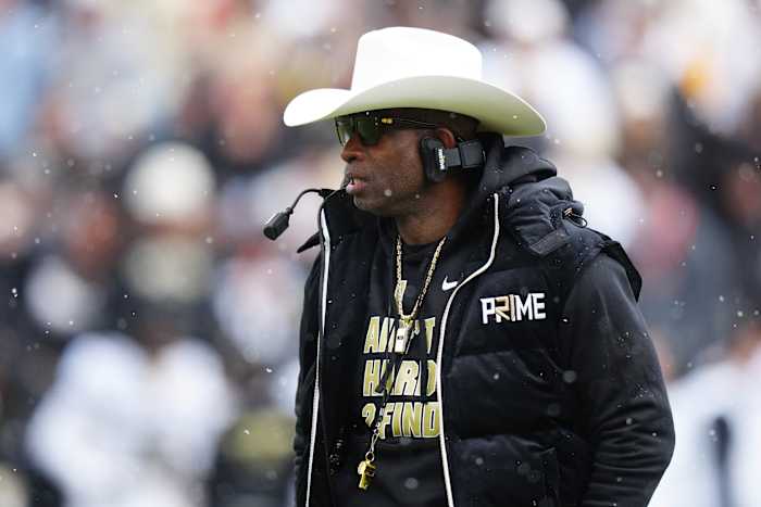 Colorado HC Deion Sanders during his first spring game with the Buffaloes in Boulder, Colorado, on April 22, 2023. (Photo by Ron Chenoy of USA Today Sports)